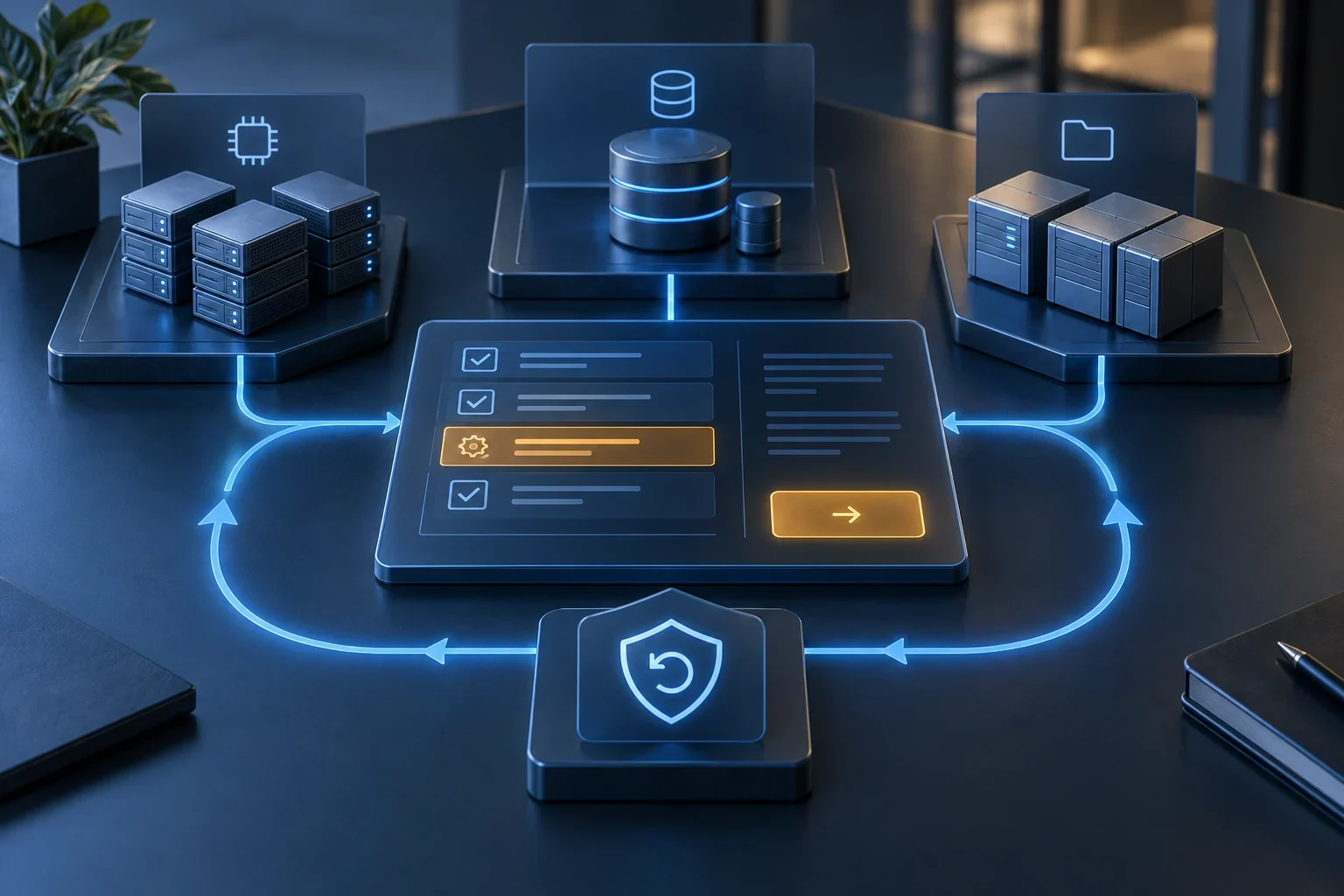 Compute, database and storage resources linked to a review with a rollback path.